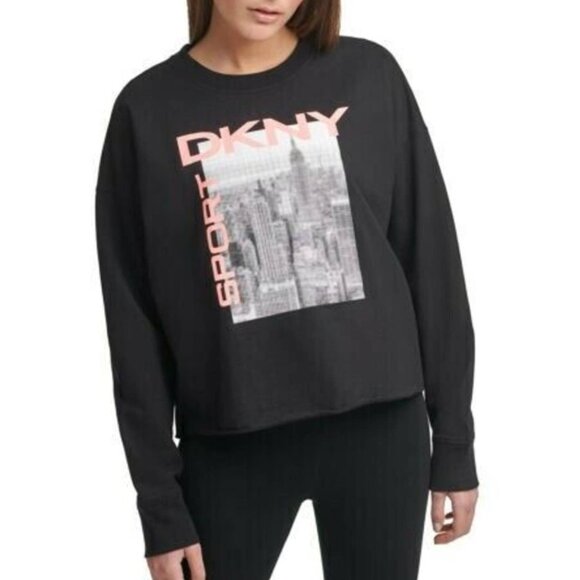 DKNY Sport Black Graphic Crewneck Pullover, Pink & White Decals, Multiple Sizes! - Picture 1 of 12